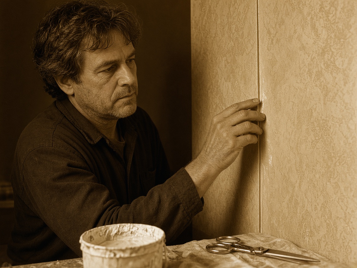 Jonathan inspecting a wallpaper seam under raking work light