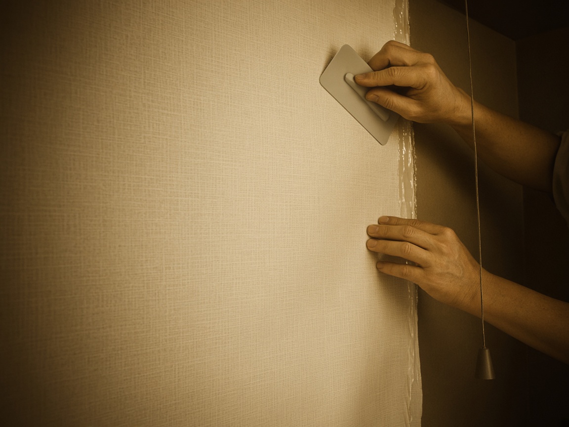 Wallpaper length being hung and smoothed