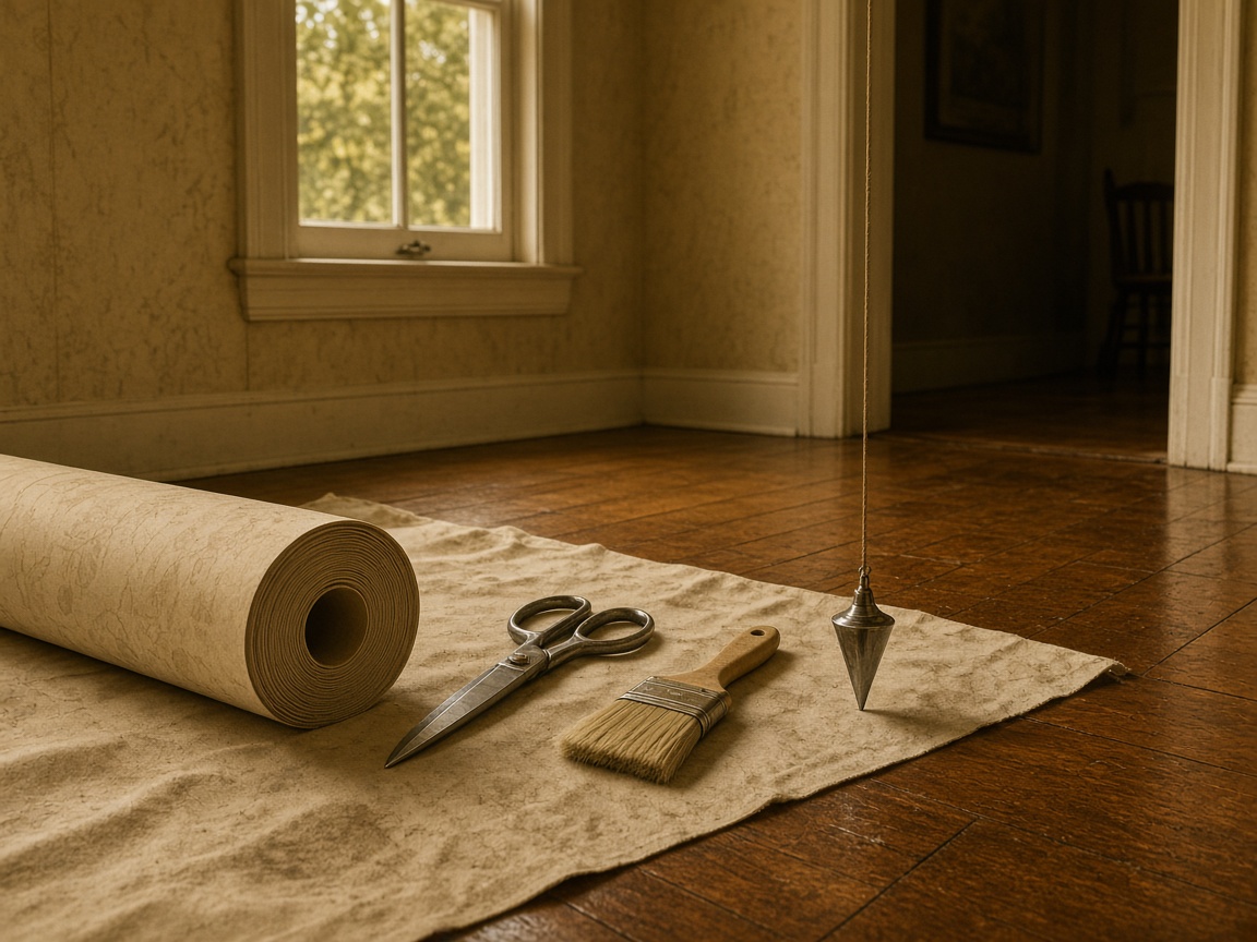 Paste table with shears and wallcovering rolls